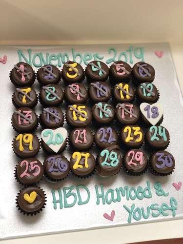 Chocolate Calendar - 31 pcs mini cupcakes Please keep your writing that you want on the board in the box belowThis Design with Chocolate Flavor and all the chocolate Flavor comes with nuts