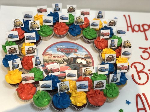 Cars the Movie flags - 3 Dozens mini cupcakes Please keep your writing that you want on the board in the box below