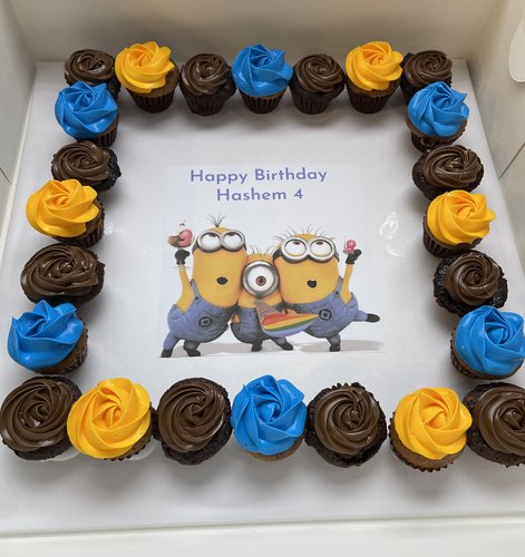 minions - 2 Dozens mini cupcakes Please keep your writing that you want on the board in the box belowThis Design with Chocolate Flavor and all the chocolate Flavor comes with nuts