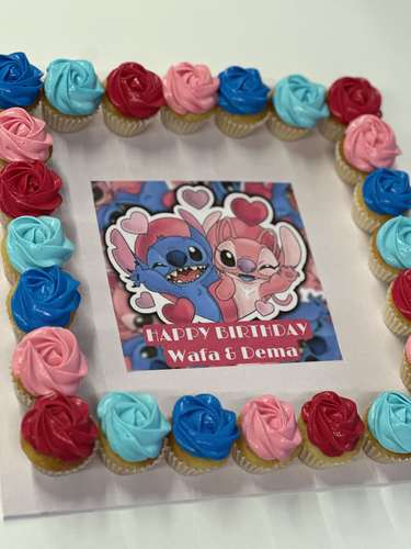 stitch pink and blue - 2 Dozens mini cupcakes Please keep your writing that you want on the board in the box below