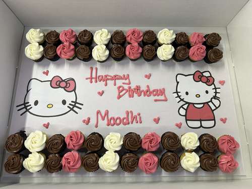 hello kitty - 4 dozens mini cupcakes Please keep your writing that you want on the board in the box belowThis Design with Chocolate Flavor and all the chocolate Flavor comes with nuts