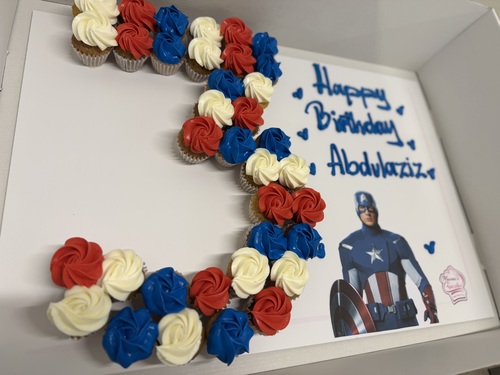 captain America number - 3 Dozens mini cupcakes Please keep your writing that you want on the board in the box below