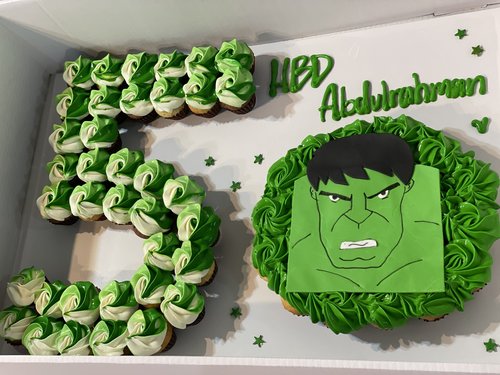 Hulk + number - 5 Dozens mini cupcakes Please keep your writing that you want on the board in the box below