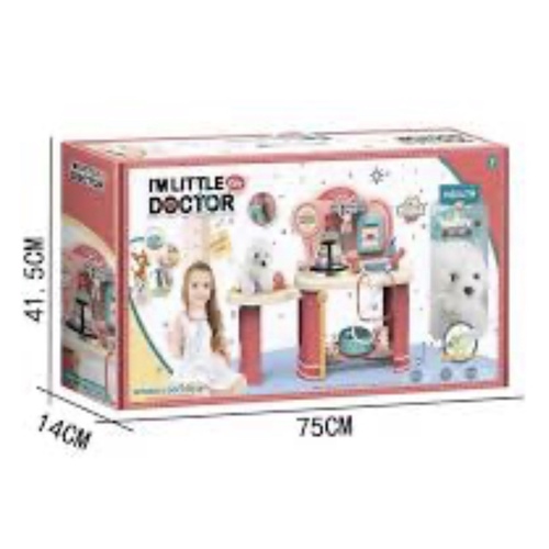 طبيب صغير مع مجموعة ألعاب الحيوانات الأليفة