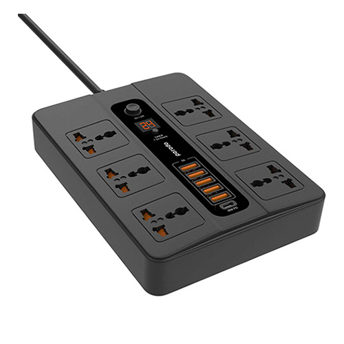 Borrodo - Power Strip 6 Sockets +5 USB - (Code: 124) - Porodo - 6 Ports + 5 USB - Black Features: Current: 10A max Power: 2500W max Voltage: 100-250V Power output: 6 universal electrical inputs, 5 USB inputs, 1 port for fast charging 18W DC 5V 3A Max DC 5VA, 9VA, 12VA 1.5A and 18W max Total DC Output: 33W Material: fire retardant plastic