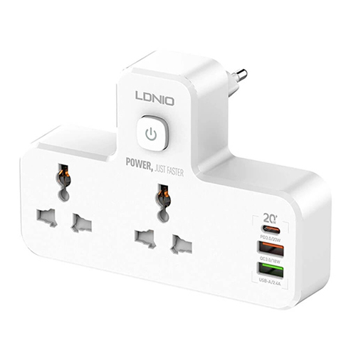 Ldnio Charger 20 Watts Contains 2 Electric Sockets and 2 USB Ports + PD - Model SC2311 (Code:42) - Ldnio SC2311 20W Charger Contains 2 Power Sockets + 2 USB + 1 PD Port QC3.0 output: 5V-3A 9V-2A 12V-1.5A 18W (max) Auto ID output: 5V-2.4A Rated power: 2500W Current rating: 10 A Rated voltage: AC 100-250V Sockets: 2 combo sockets