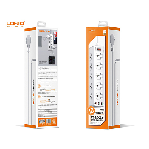 Ldnio - Fast Charging Joint 5 Power Sockets + 5 USB Ports + 1 PD Port - SC10610 Model (Code:40) - Ldnio SC10610 Fast Charging Dock Contains 5 Power Ports + 5 USB Ports + 1 PD Port Specifications: Electrical socket (10 outlets) Power: 100-250V, 10A, 2500W USB-C output: 5V-3A, 9V-2A, 9.2V-12V-1.5A QC3.0 3.6V-6V-3A Auto ID Output: 5V-2.4A Total Power: 30W Electric window: 2 meters universal socket Sagittarius: Ldenyo *: SC10610 White color In the box: power socket