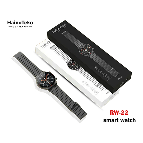 Haino Teko Smart Watch - RW-22(Code:197) - HainoTeko Smart Watch - RW-22 A sensitive smart watch that works with a magnetic charger and a full screen display with calling feature swipe button heart rate sensor Step counter / pedometer Sleep Monitor • ECG / Steady / • 2.5 Curved Glass on Screen for Premium Appearance Vibration alert Motion sensor (flip to mute incoming calls to silence alarm, wake up gesture, shake to answer the call) Clear Call / Blutooth Music • Call logs / Phonebook / Messages / Calendar / Calculator Call / Message / Whatsapp / Wechat / Other Battery backup 1-2 days normal use (Power saving mode is also available) 2.5 hours full charge Volume / Brightness / BT Settings Both Android and iOS Conn: Excellent What's in the box tape! 1- smart watch 1- USB charging cable with two straps black and brown 1- User Manual