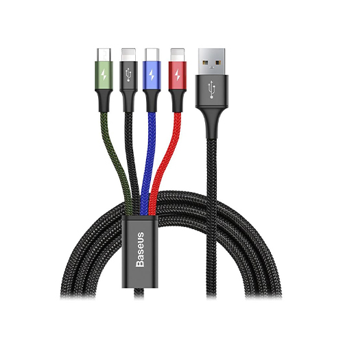 M Store - Baseus Cable 4 in 1 [2 8 pin Lightning Charging + Micro USB Charging + USB Type C Charging] (Code:21 - Baseus Cable 4 in 1, 2 Lightning 8 pin Charging Port + Micro USB Charging Port + USB Type C Charging Port The Rapid Series 4-in-1 Cable from Baseus allows you to charge and sync all your devices with ease. This model features Lightning, MicroUSB, and USB-C . connectors This makes it ideal for use with smartphones, tablets, smartwatches and other gadgets. Supports charging up to 3.5A Features: Baseus 4 in 1 Data and Charging Cable Compatible with mainstream mobile devices and devices
 Color: black
 Perfect for use at home, work or in the car Allows charging multiple devices at the same time Nylon braided for added durability Reinforced connectors resist bending Determine: Maximum total charge: 3.5A (max. 2A per line) Connectors: USB-A, 2 x Lightning, 1 x MicroUSB, 1 x USB Type-C Please note: Only the Lightning connector supports data transfer