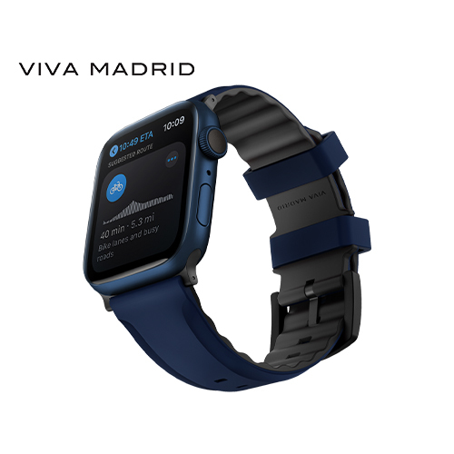 Viva Madrid Venturex Sport Silicone Watch Band for Apple Watch 42/44/45mm - Blue (Code:253) - Viva Madrid Venturex Sport Silicone Watch Band for Apple Watch 42/44/45mm - Blue Adjustable Replacement Wrist Strap Venturex Sport is an aesthetic and breathable sports belt built around a minimalist design Keeping weight low and ventilation high It is made for intense workouts and everyday wear Features: Inner / outer material: silicone with dual colors. Compatible with: Apple Watch Series 4/5/6/7. Band Length: 115mm + 128mm. CONTINUOUS AIRFLOW: Airmax Grooves minimizes skin contact, allowing air to flow. Moisture Flow Out: Regulated to direct perspiration away from the skin, keeping it dry and comfortable. escaping heat: airmax premium ventilation allows excess heat to be escaped. LIGHTWEIGHT AND BREATHABLE DESIGN: For intense workouts and everyday wear. WATERPROOF: Micro-textured water-resistant strap for an elegant satin finish.