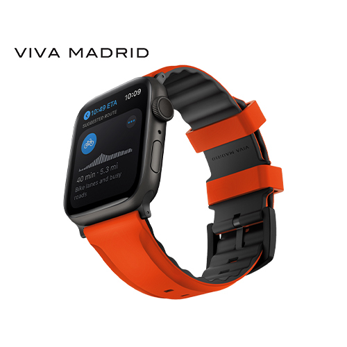 Viva Madrid Venturex Sport Silicone Watch Band for Apple Watch 42/44/45mm - Orange (Code:253) - Viva Madrid Venturex Sport Silicone Watch Band for Apple Watch 42/44/45mm - Orange Adjustable Replacement Wrist Strap Venturex Sport is an aesthetic and breathable sports belt built around a minimalist design Keeping weight low and ventilation high It is made for intense workouts and everyday wear Features: Inner / outer material: silicone with dual colors. Compatible with: Apple Watch Series 4/5/6/7. Band Length: 115mm + 128mm. CONTINUOUS AIRFLOW: Airmax Grooves minimizes skin contact, allowing air to flow. Moisture Flow Out: Regulated to direct perspiration away from the skin, keeping it dry and comfortable. escaping heat: airmax premium ventilation allows excess heat to be escaped. LIGHTWEIGHT AND BREATHABLE DESIGN: For intense workouts and everyday wear. WATERPROOF: Micro-textured water-resistant strap for an elegant satin finish.