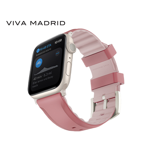 Viva Madrid Venturex Sport Silicone Watch Band for Apple Watch 42/44/45mm - Pink (Code:253) - Viva Madrid Venturex Sport Silicone Watch Band for Apple Watch 42/44/45mm - Pink Adjustable Replacement Wrist Strap Venturex Sport is an aesthetic and breathable sports belt built around a minimalist design Keeping weight low and ventilation high It is made for intense workouts and everyday wear Features: Inner / outer material: silicone with dual colors. Compatible with: Apple Watch Series 4/5/6/7. Band Length: 115mm + 128mm. CONTINUOUS AIRFLOW: Airmax Grooves minimizes skin contact, allowing air to flow. Moisture Flow Out: Regulated to direct perspiration away from the skin, keeping it dry and comfortable. escaping heat: airmax premium ventilation allows excess heat to be escaped. LIGHTWEIGHT AND BREATHABLE DESIGN: For intense workouts and everyday wear. WATERPROOF: Micro-textured water-resistant strap for an elegant satin finish.