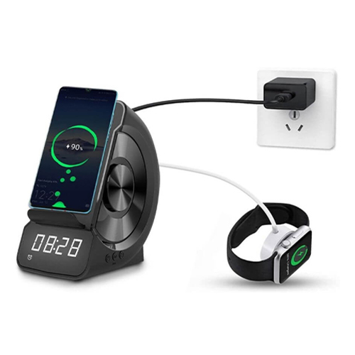 Speaker, watch and wireless charger (code: 271) - Speaker, watch and wireless charger Color: light black Model: WD-200 Audio power: 3W Bluetooth Version: V5.0 Bluetooth distance: about 10m Wireless Charger: Dual 10W Charging Coils Battery: 1 x 1500mAh rechargeable battery (included) Mode: bluetooth mode, FM radio mode, T card mode, AUX mode, clock mode Features: Phone holder design, two charging coils, hands-free calling, multi-function Size: 7.7cm x 12.1cm x 14.4cm/3.03 x 4.76 x 5.67in (Approx.) Package includes: 1 x Wireless Charger Speaker 1 x User Manual 1 x data cable