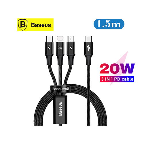 Baseus Cable - 3 in 1 Multifunction / Micro / Type C / Lightning Fast Charging 20W (Code 283) - Baseus Cable - 3 in 1 Multifunction / Micro / Type C / Lightning Fast Charging 20W Powerful 480Mbps Transfer Rate Baseus 1.5m Cable with USB-C, MicroUSB and Lightning Connectors 20W Fast Charging 480Mbps Transfer Rate Made of high quality braided nylon and high purity aluminum alloy connectors to withstand twisting and bending. Features: Baseus Premium 3-in-1 USB Type C Fast Charging Cable Lightning 20W PD Cable recharges up to 60% in 30 minutes Allows you to recharge three devices at the same time The smart chip adjusts the current on the connected device Five core copper strands for faster charging speed With aluminum alloy connectors and durable braided design Recharge your phone, tablet, cooling fan, power bank, etc. Determine: Input: USB-C Output: Lightning, USB-C, MicroUSB Max Power: Lightning: 20W / Type-C: 3A / MicroUSB: 2A Lightning + Type-C + MicroUSB total power: 5V / 3.5A Data transfer rate (Lightning only): 480Mbps black color