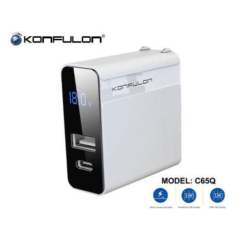 Convolon C65Q - QC 3.0 - PD 18W - Digital Display Fast Travel Charger - White (Code:286) - Convolon C65Q - Digital Screen Charger Digital Quick Travel Charger - QC 3.0 - PD 18W - White Product details Model: C65Q Color: White VOOC 3.0PD 18W Quick Charge 3.0 Overvoltage Protection Overcurrent Protection Input: AC 110-240V Output 1: USB DC 5V/18W Output 2: Type-C PD 18W Support with: Vooc, Huawei, Iphone PD, Dash, QC 3.0 LCD screen Voltage, LCD screen for electricity