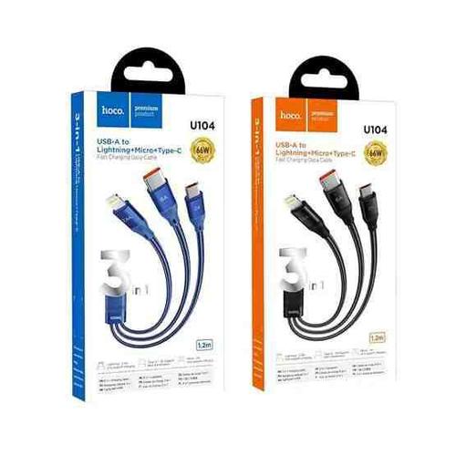 hoco fast charging cable usb to lightning+micro+type-c (code-290) - 1. Length: 1.2m (1m+0.2m); Weight: 50g2. Material: nylon braided wire + aluminum alloy3. Wire core: Main wire gauge (70/0.1)*2 + (16/0.08)*2 OD4.0mm, Divider wire gauge 8PIN (43/0.08)*2 OD4.0mm4. With a suitable charger, the Type-C interface supports fast charging up to 6A, supports Huawei 66W super fast charging, compatible with mainstream mobile phone fast charging protocols such as Huawei, Xiaomi, OPPO and Samsung; 8PIN interface supports 2.4A and Micro-USB interface supports 2A5. With A port charger above 22.5W, when three ports are charged at the same time, the Type-C port still supports fast charging protocols such as QC / FCP / AFC6. Data transmission: Support Type-C port, Micro USB / 9PIN port does not support