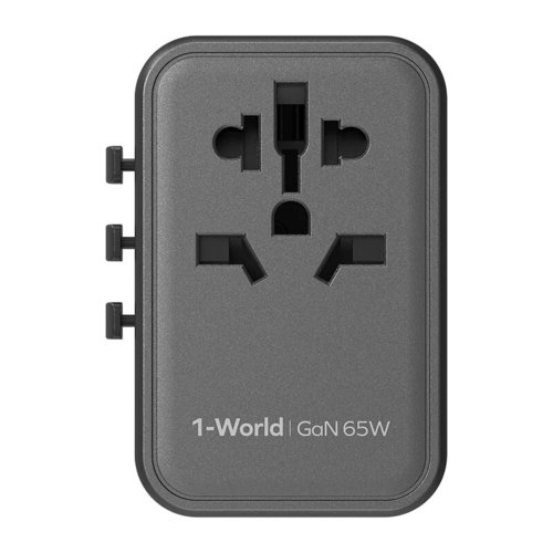 MOMAX 1-WORLD 65W GAN 5 PORTS + AC TRAVEL ADAPTER - BLACK ( code: 294 ) - An universal travel charger with Built-in JP/US, AU, EU, UK sockets. can be used in more than 150 countries around the world.