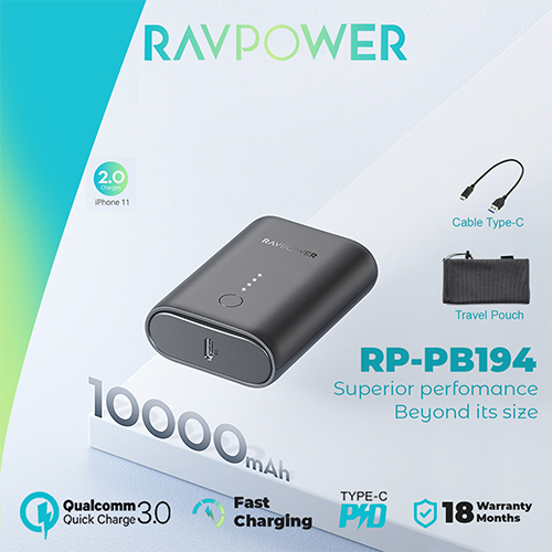 RAV Power - 10000 mAh Backup Battery with PD and QC Port for Fast Charging (Code:144)
