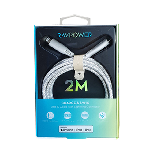 From RAV Power Cable 2 Meters Braided with Nylon Type C to Lightning (Code: 141)