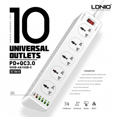 لدنيو -  مشترك الشحن السريع 5 مقابس كهرباء+ 5 منافذ USB + منفذ 1 PD - موديل SC10610 (كود:40)