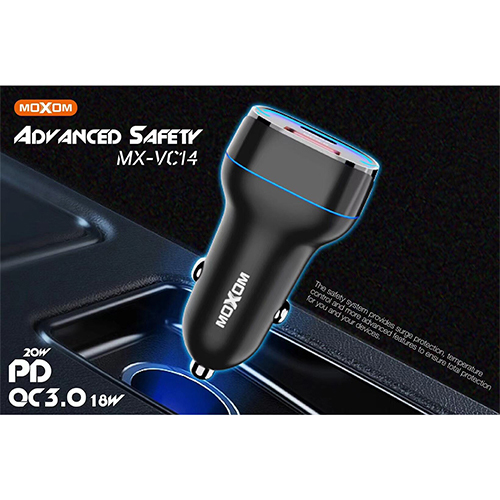 شاحن سيارة  موكسوم (QC3.0) (PD 20W) اضاءة زرقاء LED - اسود - موديل MX-VC14 (كود:257)