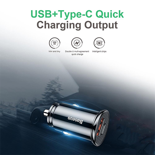 شاحن سيارة 30 واط  بيسوس BS-C16C1 منفذين USB + تايب سي QC3 .O (كود :33)