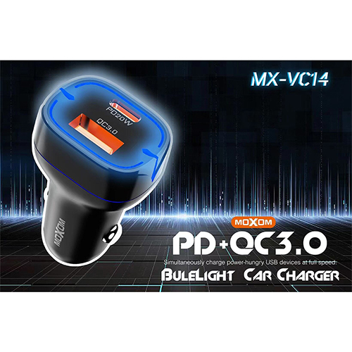 شاحن سيارة  موكسوم (QC3.0) (PD 20W) اضاءة زرقاء LED - اسود - موديل MX-VC14 (كود:257)