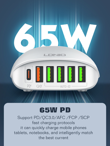 LDNIO USB SUPER FAST CHARGER 6 PORT USB with PD3.0+QC4.0  65W - White (Code: 298 )