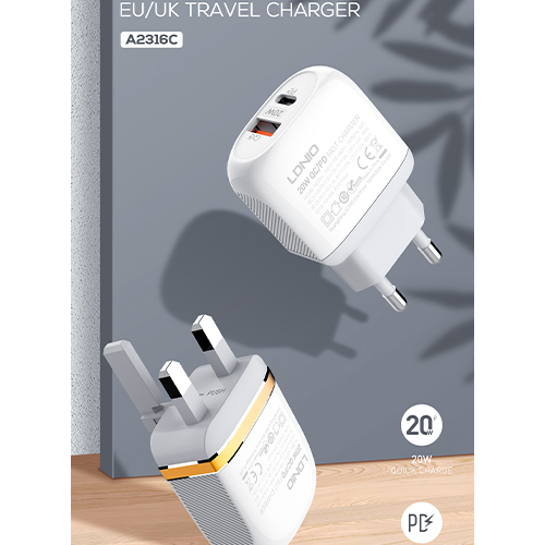 لدنيو- شاحن سريع بقوة 20 واط مع منفذ QC3.0 ومنفذ Type-C - موديل A2316C-UK (كود:109)