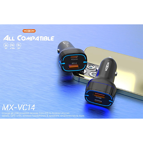 شاحن سيارة  موكسوم (QC3.0) (PD 20W) اضاءة زرقاء LED - اسود - موديل MX-VC14 (كود:257)