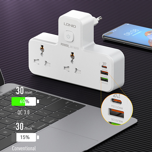 شاحن لدنيو بقوة 20 واط  يحتوي على 2 مقبس كهرباء ومنفذ USB 2 + PD- موديل SC2311(كود:42)