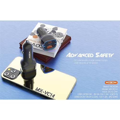 شاحن سيارة  موكسوم (QC3.0) (PD 20W) اضاءة زرقاء LED - اسود - موديل MX-VC14 (كود:257)