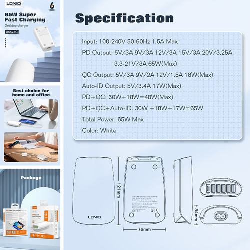 LDNIO USB SUPER FAST CHARGER 6 PORT USB with PD3.0+QC4.0  65W - White (Code: 298 )