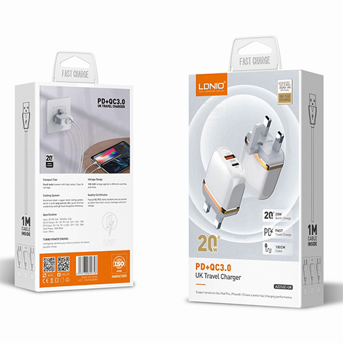 لدنيو- شاحن سريع بقوة 20 واط مع منفذ QC3.0 ومنفذ Type-C - موديل A2316C-UK (كود:109)
