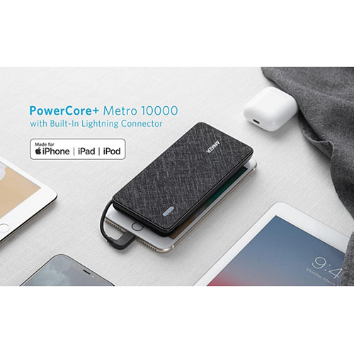 انكر - بطارية إحتياطية باور كور + ميترو بلس سعة 10,000mAh مع كابل USB-C مدمج - أسود (كود:229)