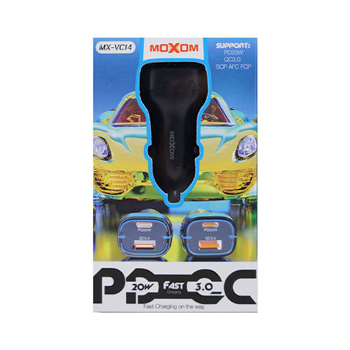شاحن سيارة  موكسوم (QC3.0) (PD 20W) اضاءة زرقاء LED - اسود - موديل MX-VC14 (كود:257)