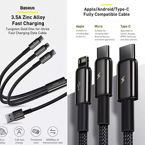 Baseus Cable - 3 in 1 Multifunctional USB to Micro / Type C / Lightning