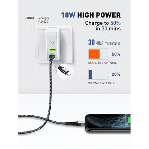 لدنيو - كيبل USB TYPE-C الي LIGHTNING بطول 1 متر بقوة 18 واط (كود:43)