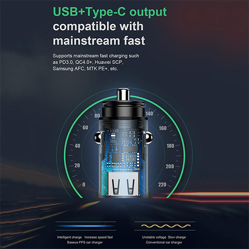 شاحن سيارة 30 واط  بيسوس BS-C16C1 منفذين USB + تايب سي QC3 .O (كود :33)