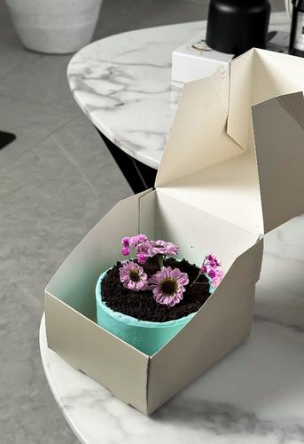 Mini Vase Blue cake - n elegant mini cake crafted in the style of a delicate flower vase. Layers of moist red velvet cake are filled with luscious strawberry compote and frosted with silky cream cheese. Topped with a fresh, regal purple gerbera daisy for a striking floral touch. A celebration of flavor and floral elegance. Enough for share with 2 personSize :Height 7cm Width 9.5 cm