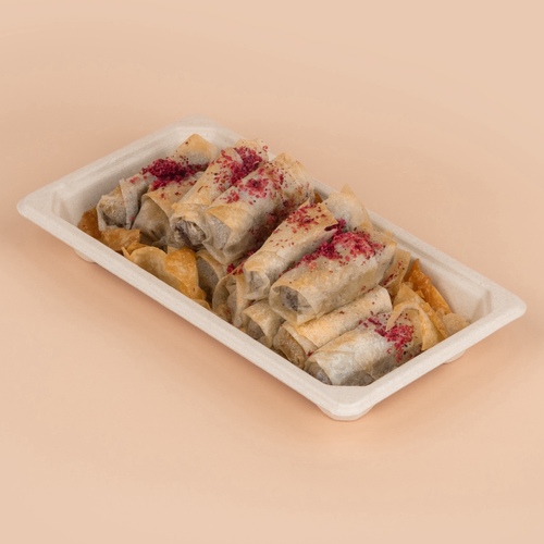 Mini Mosakan - Small box
containing 12 pieces of musakhan rolls stuffed with chicken and sumac on the
Jordanian way