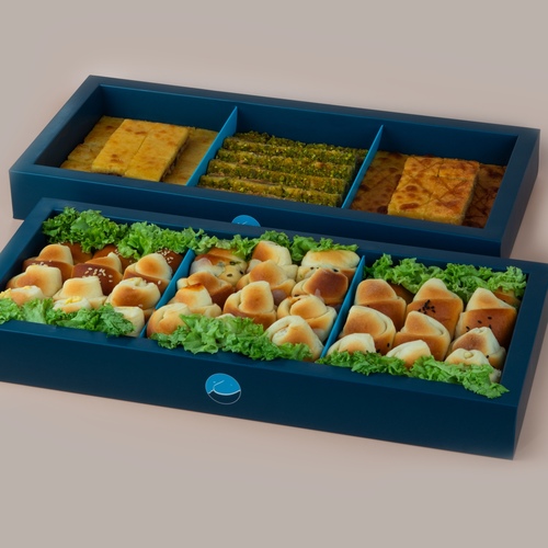 Mix Sukkar + Fatayer - Mix Sukkar  A box of our special products consisting of three flavors mixed with oriental cheese and biscuits, pistachio nuts, dates, and salted caramel.78pcs/.920g
 Mini FatayerA box of 36 small pieces of delicious pies with a selection of carefully selected flavors’Carrot cheese, cheese olives mix, Pizza