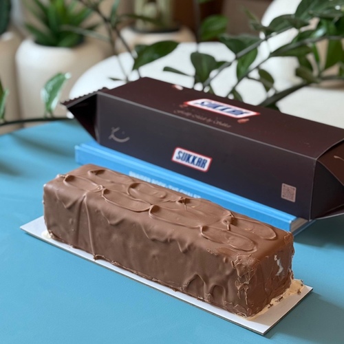 Snicker Gelato - Creamy peanut butter gelato layered with salted caramel and crunchy peanuts, on a soft chocolate cake base, finished with premium milk chocolate. Serves 8–10 persons