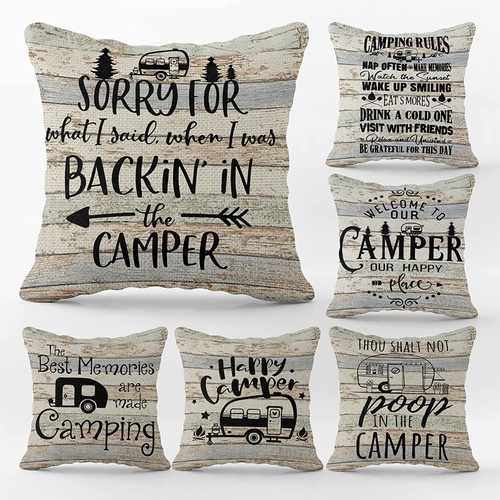 Throw Pillow Covers - Throw Pillow Case, 18 x 18 Inch Set of 6,
Camping Lovers Gifts, Campers Gifts, Camper Decor, RV Decor, Trailer Decor,
Camping Decor, Happy Camper Pillow Cushion Cover for Sofa Couch Bed