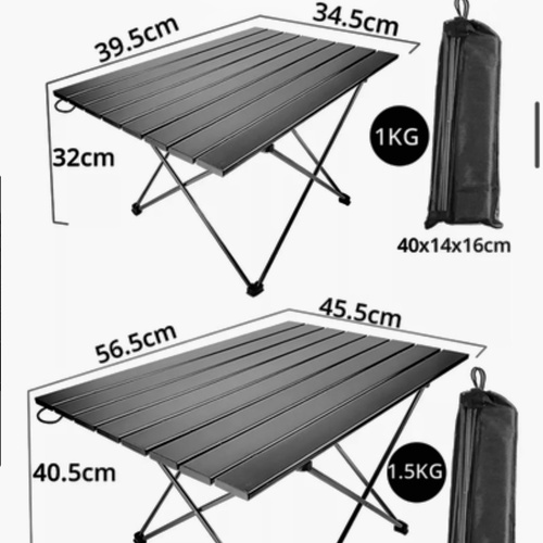 Aluminum Table - ALUMINUM PANEL
NON-SLIP PLASTIC FEET
NON-SLIP BUCKLE SLEEVE
FOLDABLE STORAGE 40X35X29cm
56X40X41cm
68X46X41cm 
SUITABLE FOR MULTIPLE OCCASIONS,WILD BARBECUE, FISHING GEAR, CAMPING GEAR, HOME USE