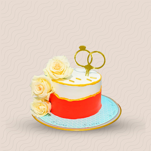 White rose wedding ring cake - Red velvet cake, chocolate flavor, vanilla flavor, cream cheese frosting, 6 inches and serves from 6 to 8 persons.