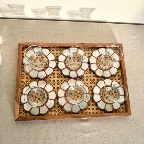 Casa Palma - floral rattan tea set - Tray and coasters handmade from natural wood x rattar x mother of pearl