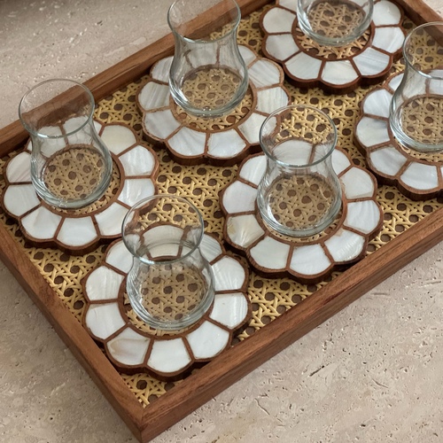 floral rattan tea set - Tray and coasters handmade from natural wood x rattar x mother of pearl