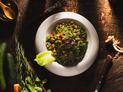 Tabbouleh - Bunche of Sliced Parsley With Soft Onions, Small Pieces of Tomatoes, with Bjurghul and Original Olive Oil & lemon juice