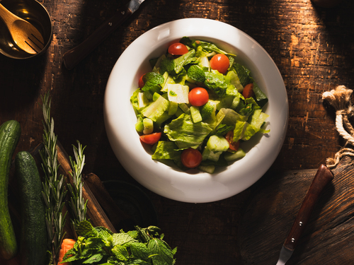 Season Salad - Seasonal Mountain Vegetables Salad: Lettuce, Cucumber,Tomatoes, Lemon, and Olive Oil.